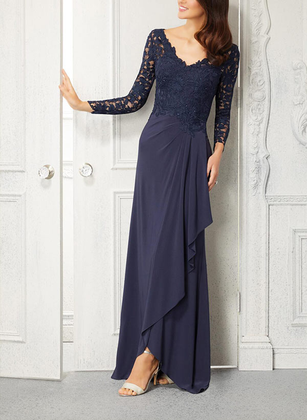 A-Line V-Neck Long Sleeves Sweep Train Lace Mother Of The Bride Dresses