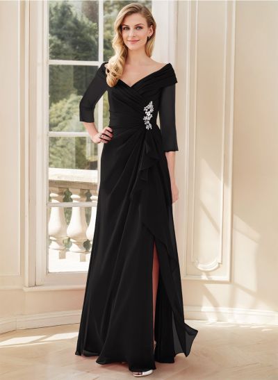 A-Line V-Neck 3/4 Sleeves Chiffon Mother Of The Bride Dresses With Split Front