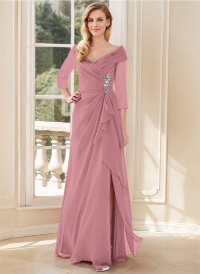 A-Line V-Neck 3/4 Sleeves Chiffon Mother Of The Bride Dresses With Split Front