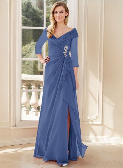 A-Line V-Neck 3/4 Sleeves Chiffon Mother Of The Bride Dresses With Split Front