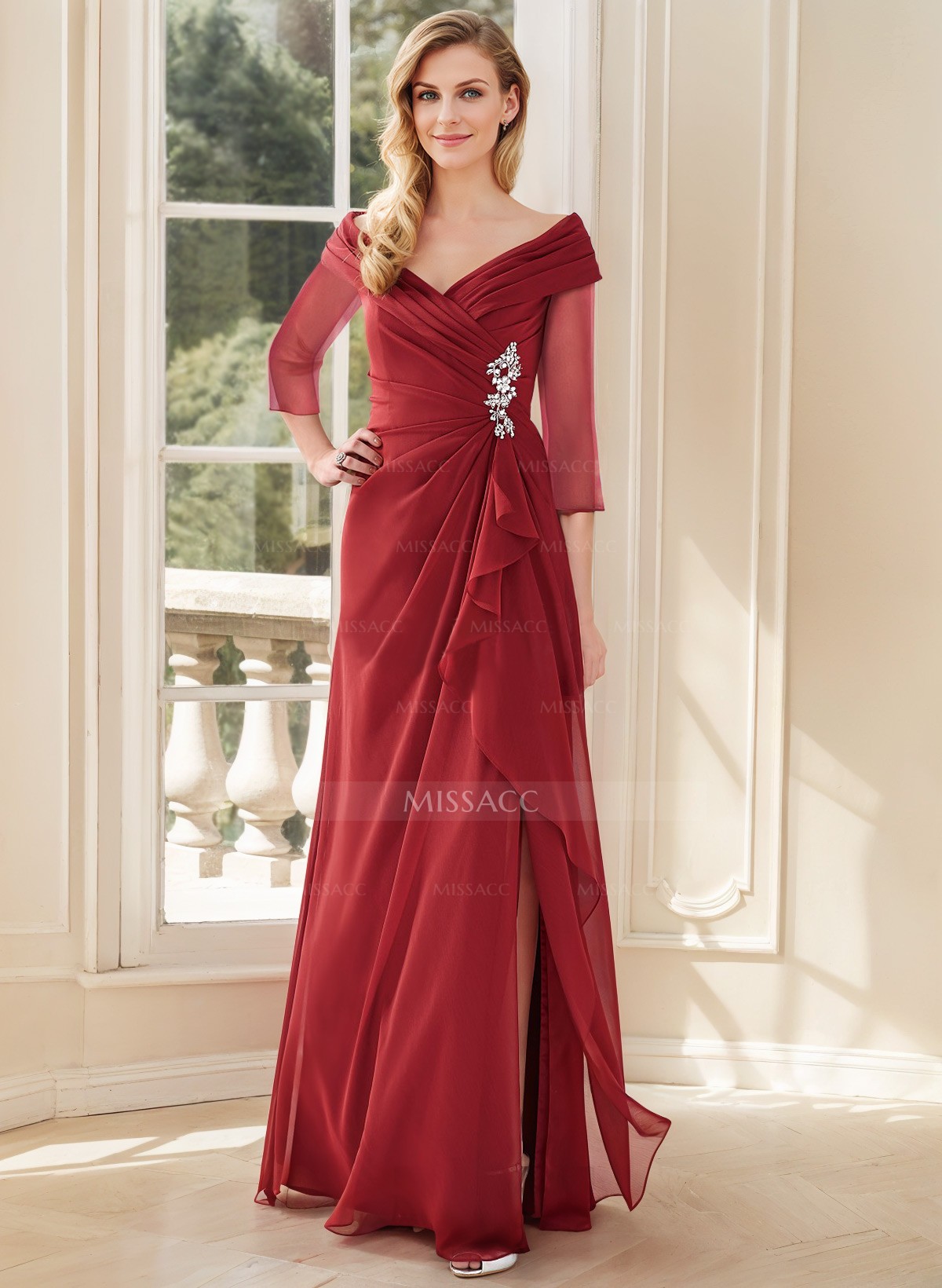 A-Line V-Neck 3/4 Sleeves Chiffon Mother Of The Bride Dresses With Split Front