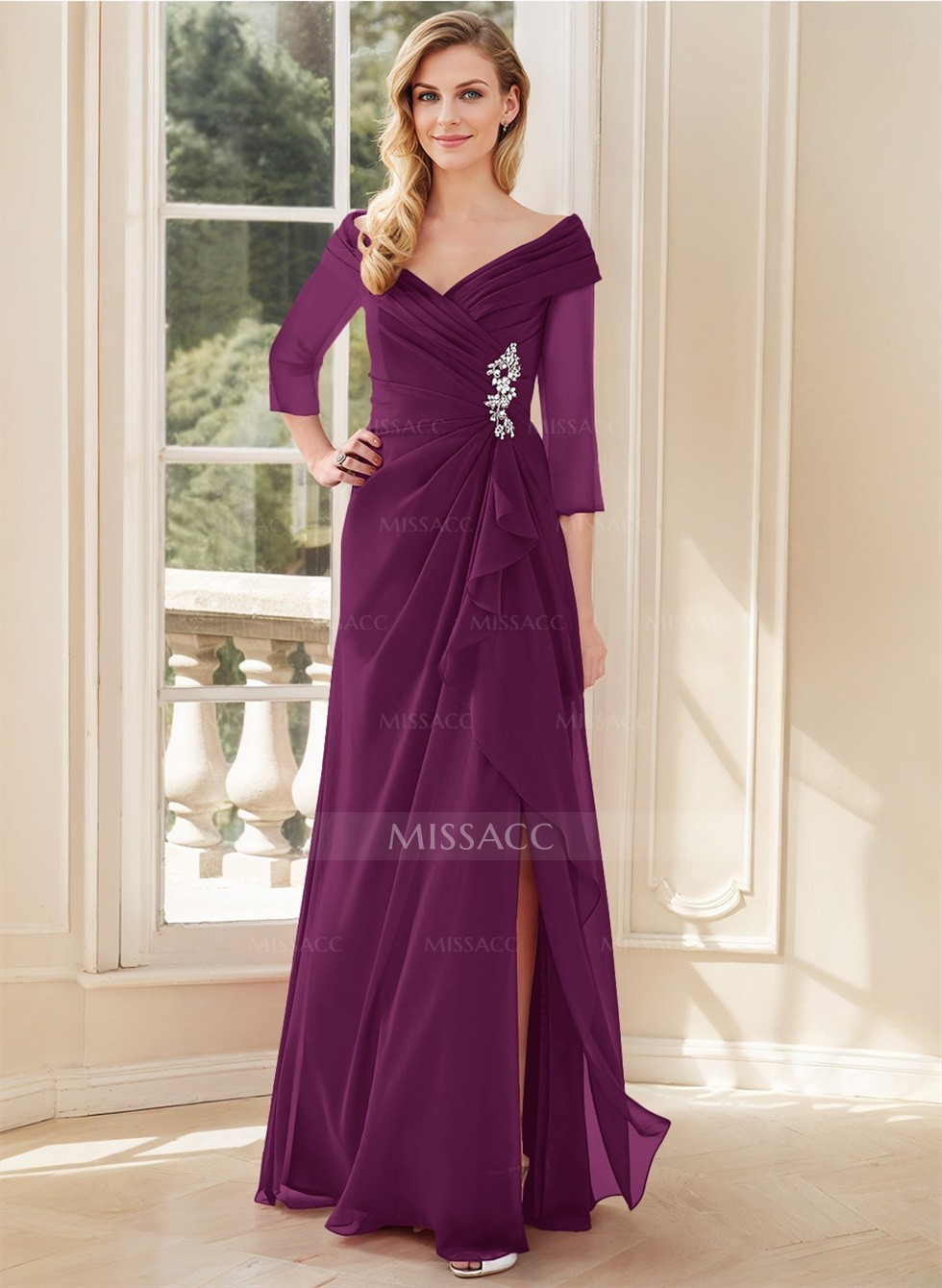 A-Line V-Neck 3/4 Sleeves Chiffon Mother Of The Bride