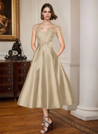 A-Line Illusion Neck Sleeveless Lace/Satin Mother Of The Bride Dresses With Bow