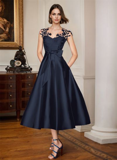 A-Line Illusion Neck Sleeveless Lace/Satin Mother Of The Bride Dresses With Bow