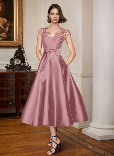 A-Line Illusion Neck Sleeveless Lace/Satin Mother Of The Bride Dresses With Bow