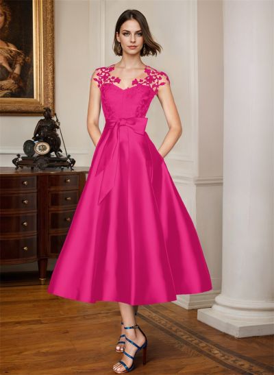 A-Line Illusion Neck Sleeveless Lace/Satin Mother Of The Bride Dresses With Bow