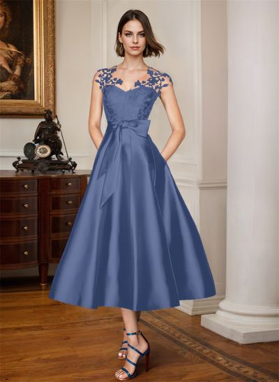 A-Line Illusion Neck Sleeveless Lace/Satin Mother Of The Bride Dresses With Bow