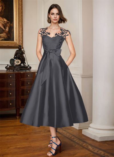 A-Line Illusion Neck Sleeveless Lace/Satin Mother Of The Bride Dresses With Bow
