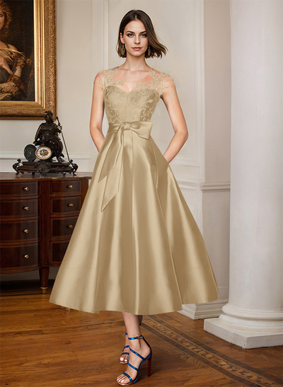 A-Line Illusion Neck Sleeveless Lace/Satin Mother Of The Bride Dresses With Bow