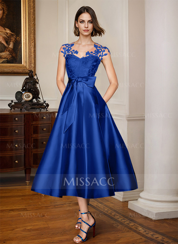A-Line Illusion Neck Sleeveless Lace/Satin Mother Of The Bride Dresses With Bow