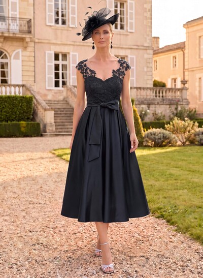 A-Line Illusion Neck Sleeveless Lace/Satin Mother Of The Bride Dresses With Bow