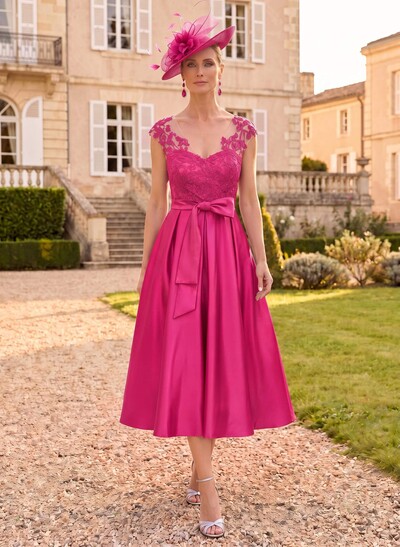 A-Line Illusion Neckline Sleeveless Lace/Satin Mother Of The Bride Dresses With Bow