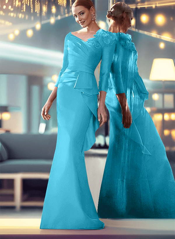 Mermaid V-Neck 3/4 Sleeves Satin Mother Of The Bride Dresses With Flower(s)