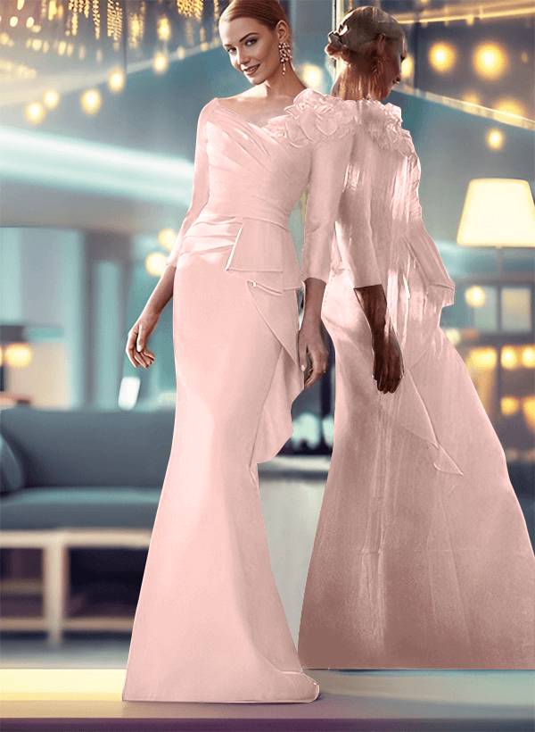 Mermaid V-Neck 3/4 Sleeves Satin Mother Of The Bride Dresses With Flower(s)