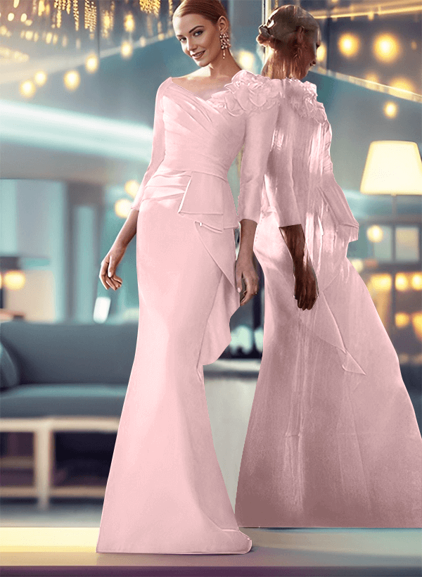 Mermaid V-Neck 3/4 Sleeves Satin Mother Of The Bride Dresses With Flower(s)
