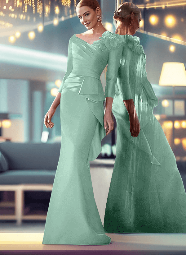 Mermaid V-Neck 3/4 Sleeves Satin Mother Of The Bride Dresses With Flower(s)