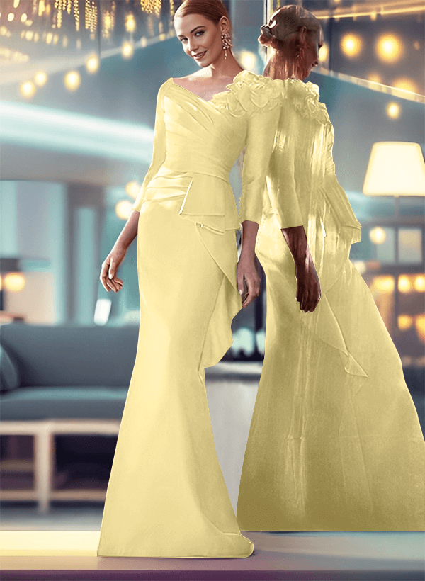 Mermaid V-Neck 3/4 Sleeves Satin Mother Of The Bride Dresses With Flower(s)