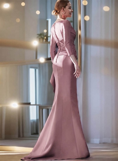 Mermaid Shoulder Ruffle Long Sleeves Mother Of The Bride Dresses With Buttons Down The Back