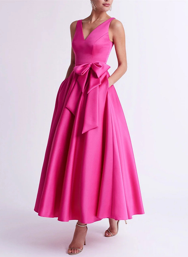 A-Line V-Neck Satin Mother Of The Bride Dresses With Bow(s)/Pockets
