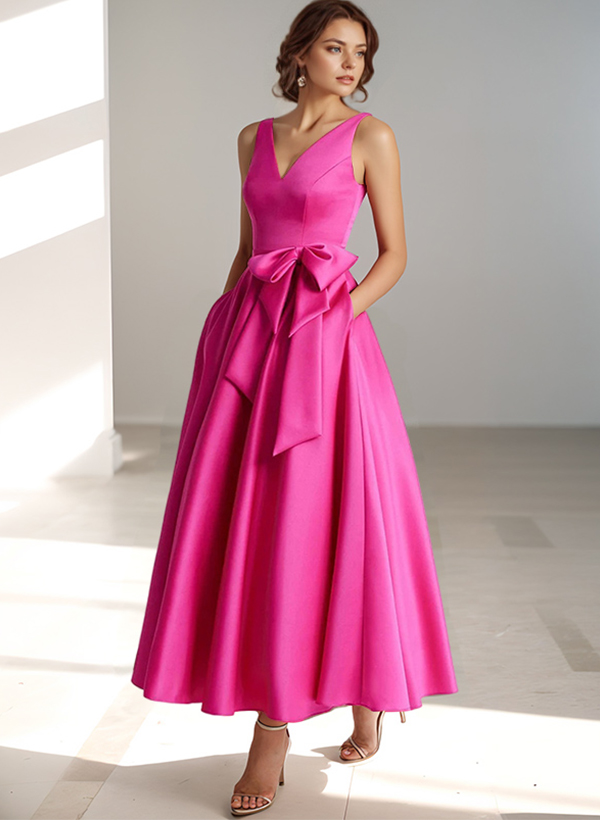 A-Line V-Neck Sleeveless Ankle-Length Satin Cocktail Dresses With Bow(s)/Pockets