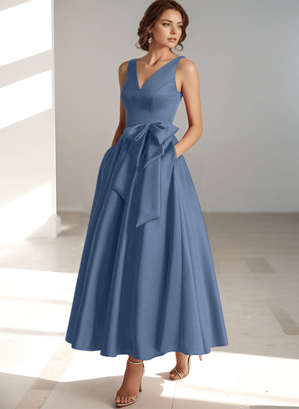 A-Line V-Neck Satin Mother Of The Bride Dresses With Bow(s)/Pockets