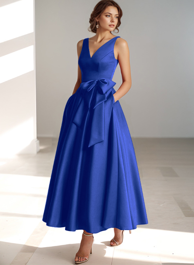 A-Line V-Neck Satin Mother Of The Bride Dresses With Bow(s)/Pockets