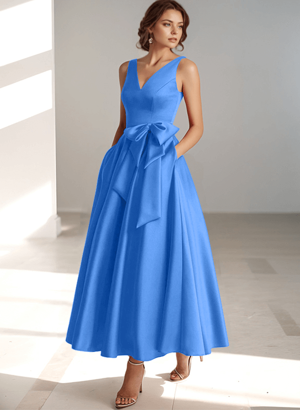 A-Linie, V-Ausschnitt, Satin-Brautmutterkleider Mit Schleife(n)/Taschen