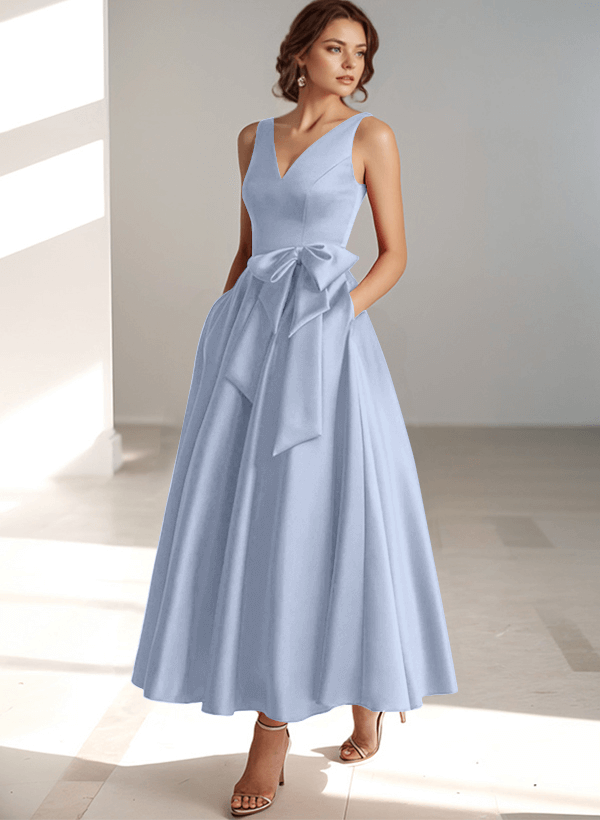 A-Line V-Neck Satin Mother Of The Bride Dresses With Bow(s)/Pockets