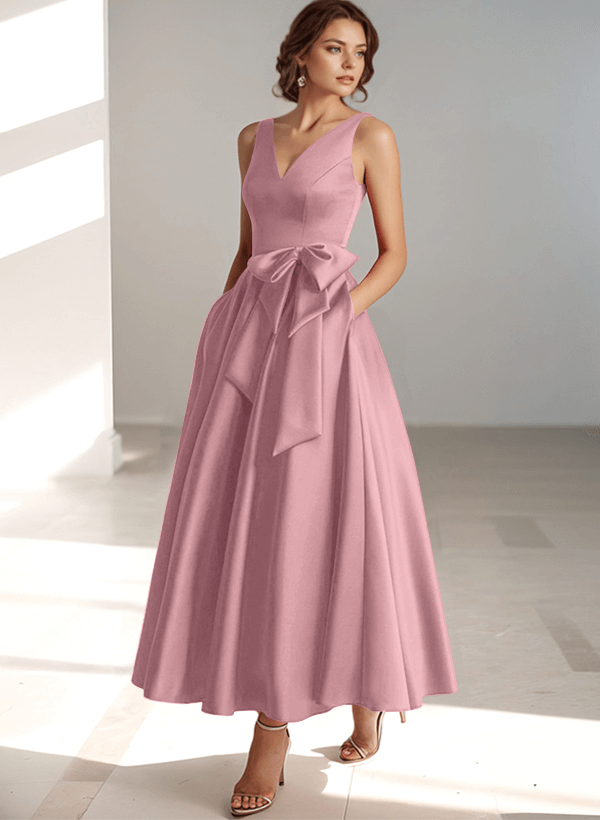 A-Line V-Neck Satin Mother Of The Bride Dresses With Bow(s)/Pockets