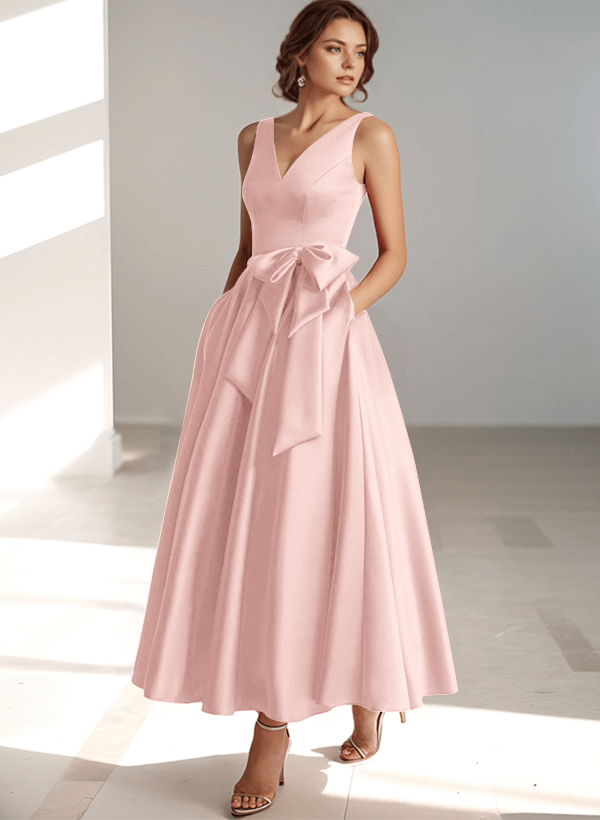 A-Line V-Neck Satin Mother Of The Bride Dresses With Bow(s)/Pockets