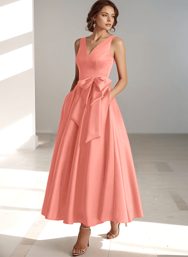 A-Line V-Neck Satin Mother Of The Bride Dresses With Bow(s)/Pockets