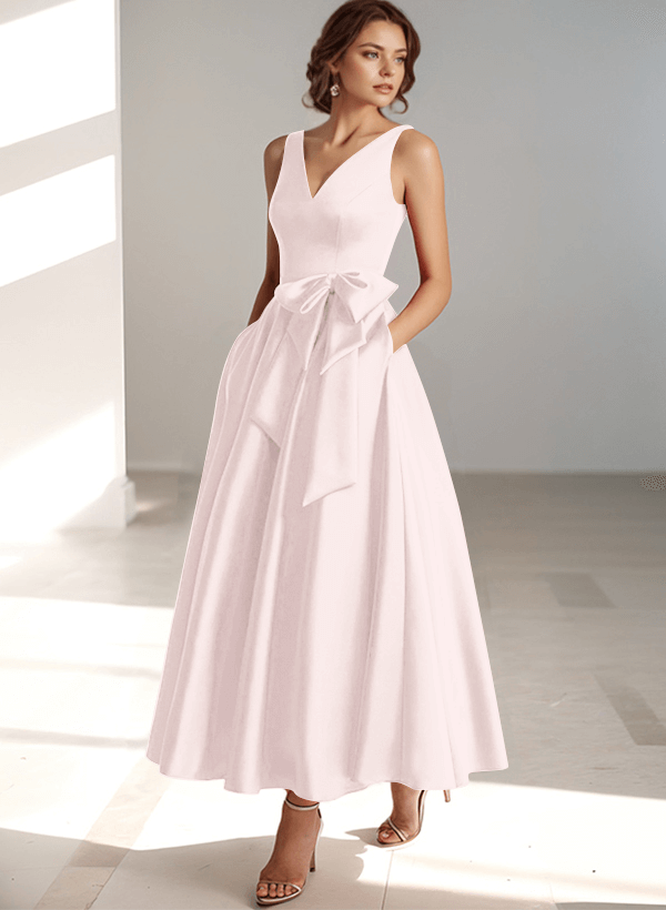 A-Line V-Neck Satin Mother Of The Bride Dresses With Bow(s)/Pockets