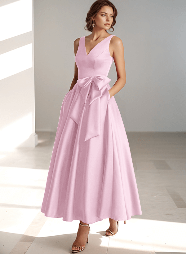 A-Line V-Neck Satin Mother Of The Bride Dresses With Bow(s)/Pockets