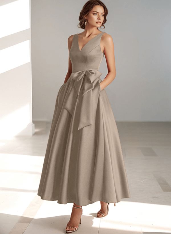 A-Line V-Neck Satin Mother Of The Bride Dresses With Bow(s)/Pockets