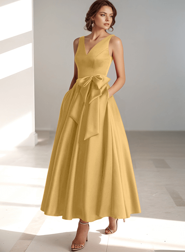A-Line V-Neck Satin Mother Of The Bride Dresses With Bow(s)/Pockets