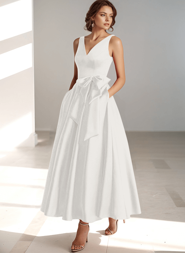 A-Line V-Neck Satin Mother Of The Bride Dresses With Bow(s)/Pockets