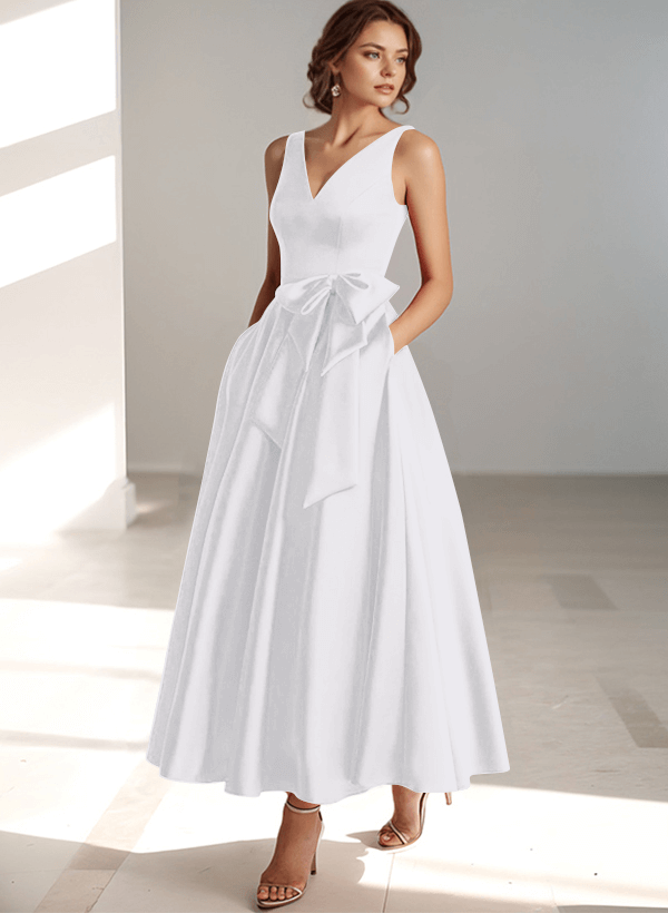 A-Line V-Neck Satin Mother Of The Bride Dresses With Bow(s)/Pockets