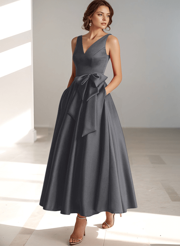 A-Line V-Neck Satin Mother Of The Bride Dresses With Bow(s)/Pockets