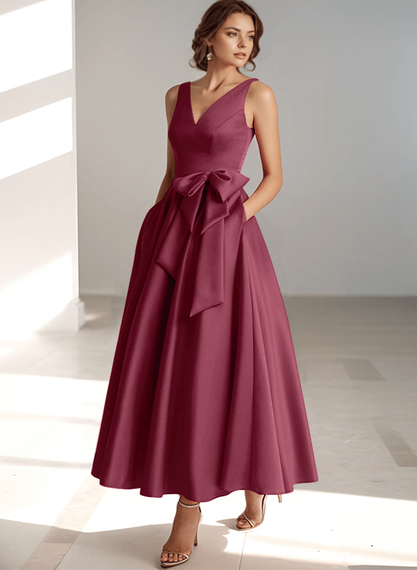 A-Line V-Neck Satin Mother Of The Bride Dresses With Bow(s)/Pockets