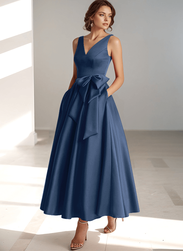A-Line V-Neck Satin Mother Of The Bride Dresses With Bow(s)/Pockets