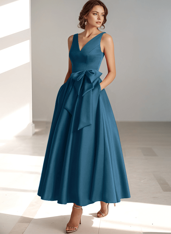 A-Line V-Neck Satin Mother Of The Bride Dresses With Bow(s)/Pockets
