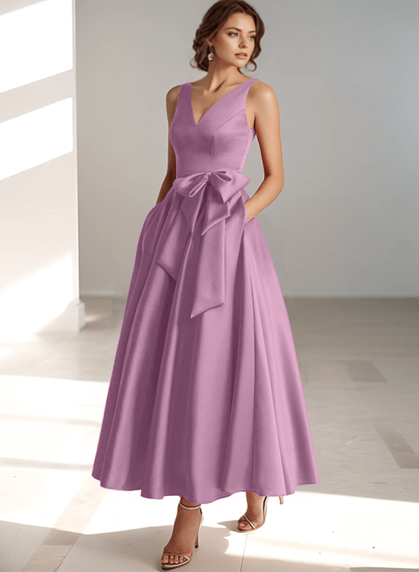 A-Line V-Neck Satin Mother Of The Bride Dresses With Bow(s)/Pockets