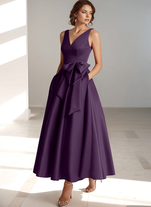 A-Line V-Neck Satin Mother Of The Bride Dresses With Bow(s)/Pockets
