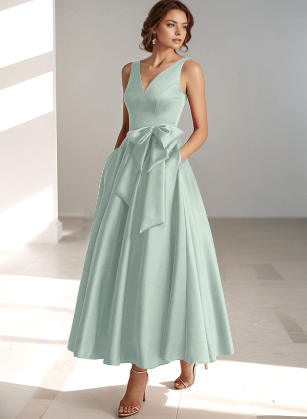A-Linie, V-Ausschnitt, Satin-Brautmutterkleider Mit Schleife(n)/Taschen