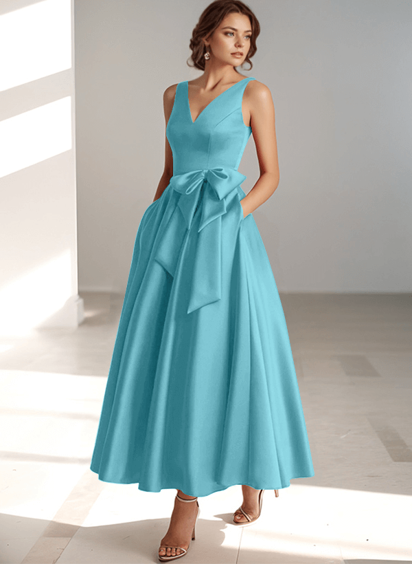 A-Line V-Neck Satin Mother Of The Bride Dresses With Bow(s)/Pockets
