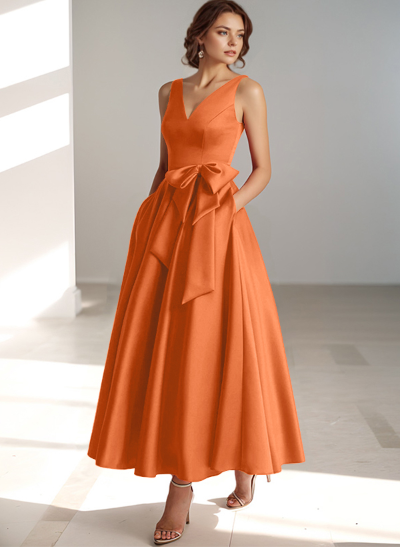 A-Line V-Neck Satin Mother Of The Bride Dresses With Bow(s)/Pockets