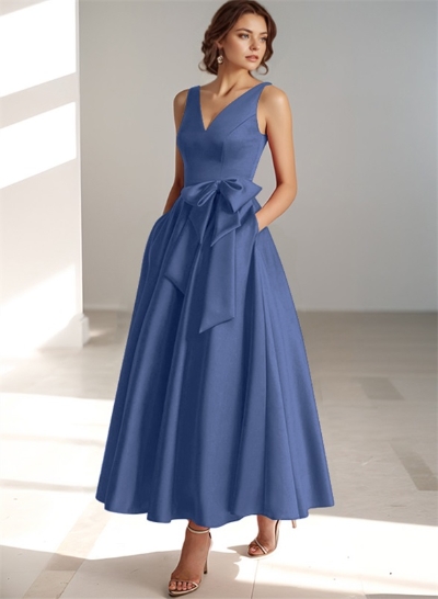 A-Line V-Neck Satin Mother Of The Bride Dresses With Bow(s)/Pockets