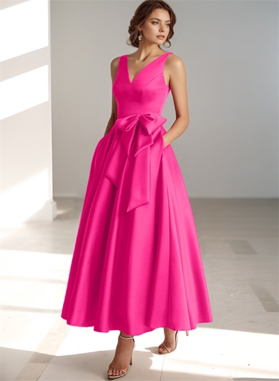 A-Line V-Neck Satin Mother Of The Bride Dresses With Bow(s)/Pockets