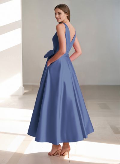 A-Line V-Neck Satin Mother Of The Bride Dresses With Bow(s)/Pockets