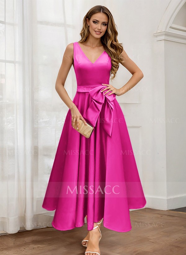 A-Line V-Neck Satin Mother Of The Bride Dresses With Bow(s)/Pockets